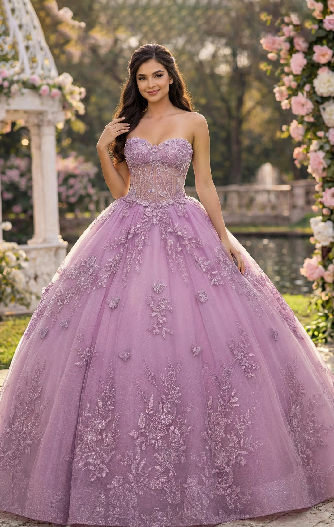 Jovani Q43812 Strapless Lavender Ball Gown with Floral Lace