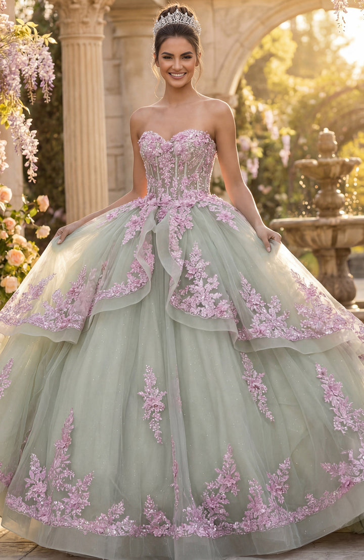 Jovani Q45685 Layered Green Ball Gown with Pink Floral Appliqués