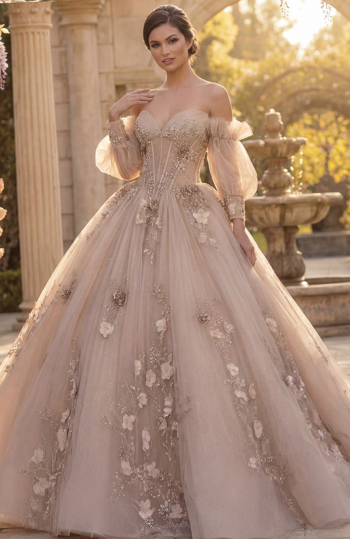 Jovani Q46662 Ball Gown with Puff Sleeves and Floral Embroidery