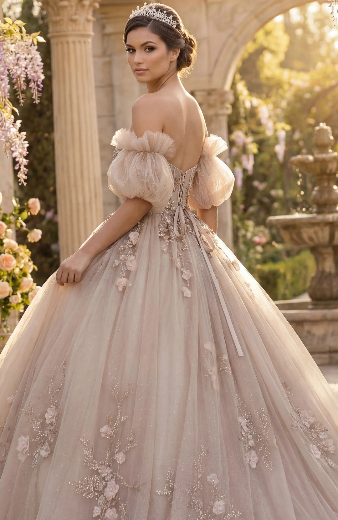 Jovani Q46662 Ball Gown with Puff Sleeves and Floral Embroidery