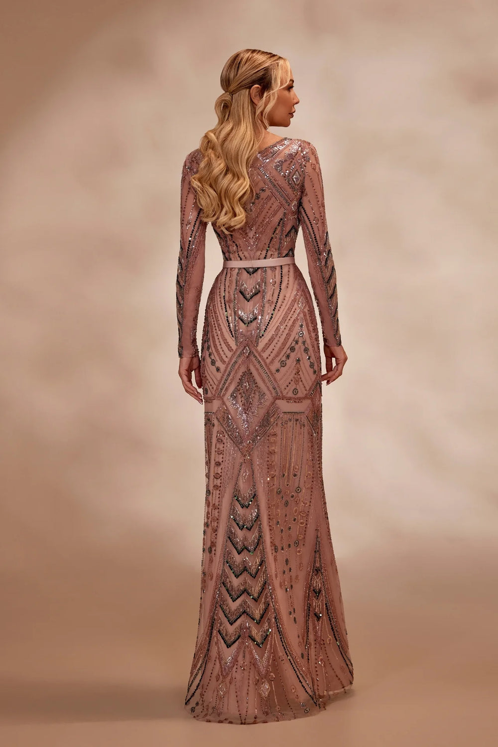 RTW1- Fully embellished Rosewood dress with long fitted beaded sleeves and a sleek - FOSTANI.com