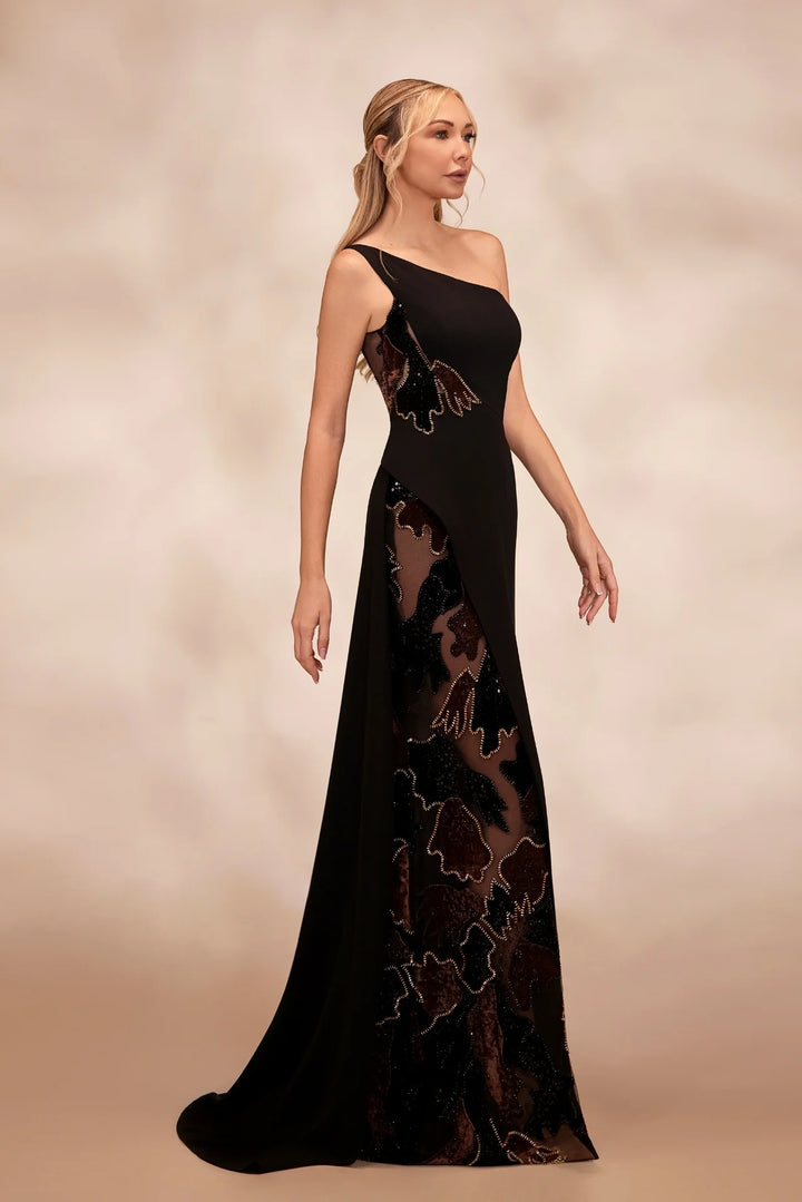 RTW10- One-shoulder black crepe dress features an embroidered velvet side waist - FOSTANI.com