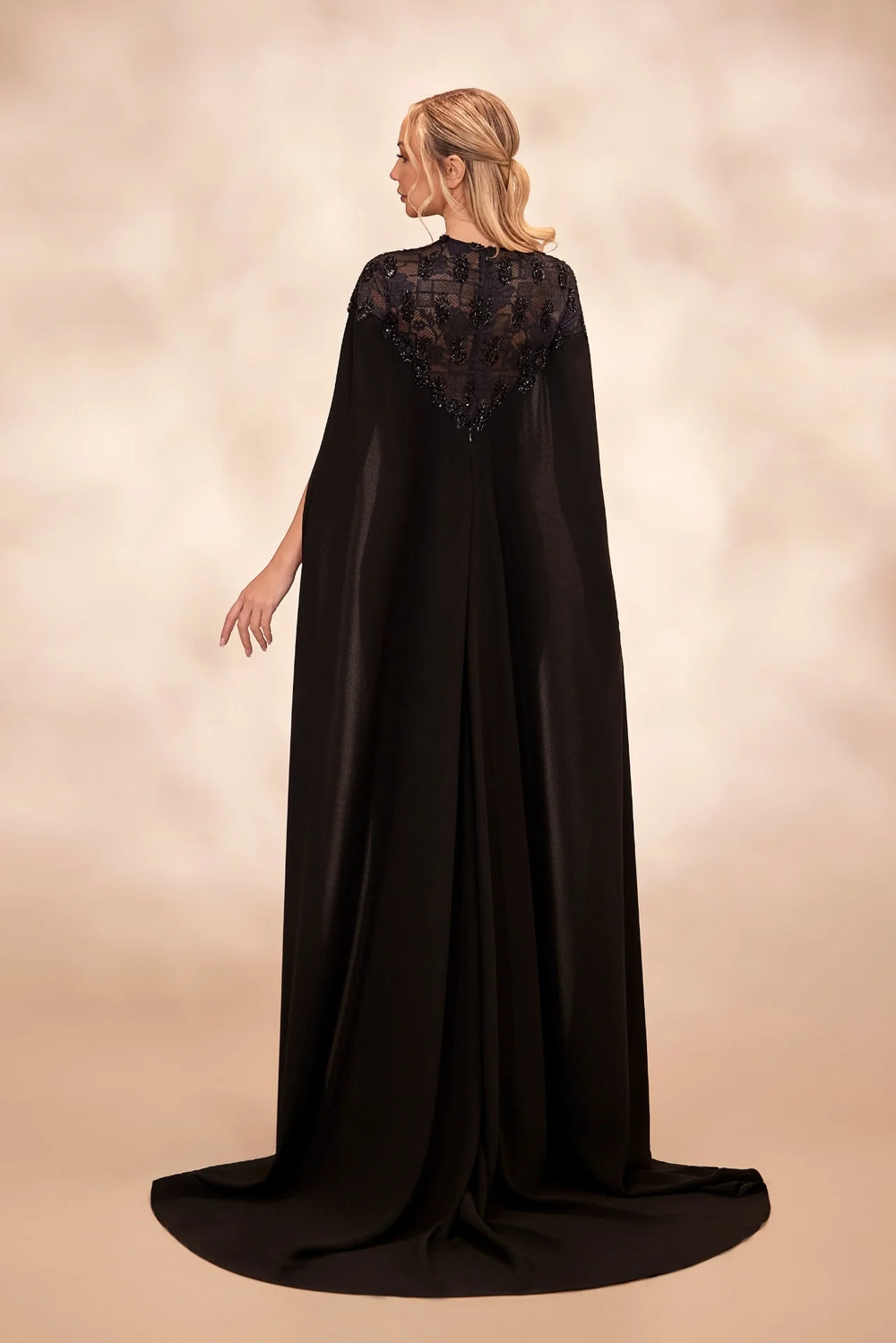 RTW11- Black column dress with floral lace and beaded bodice - FOSTANI.com