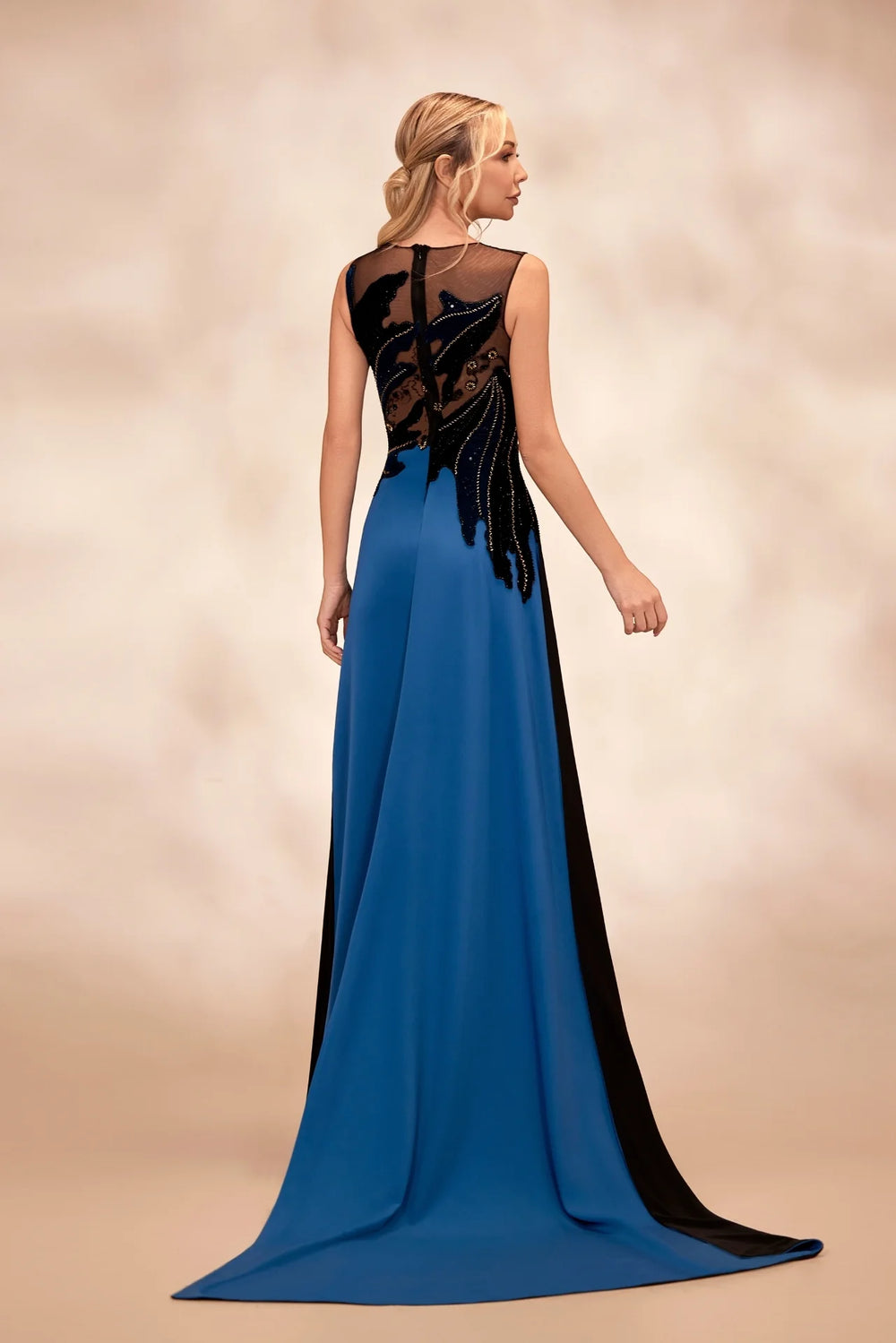 RTW18- Petrol sleeveless dress with black and petrol velvet petal bodice - FOSTANI.com