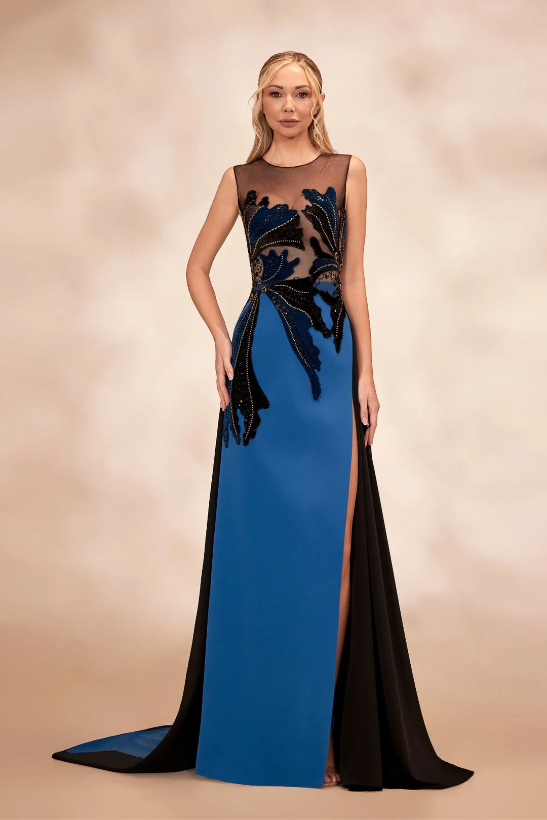 RTW18- Petrol sleeveless dress with black and petrol velvet petal bodice - FOSTANI.com