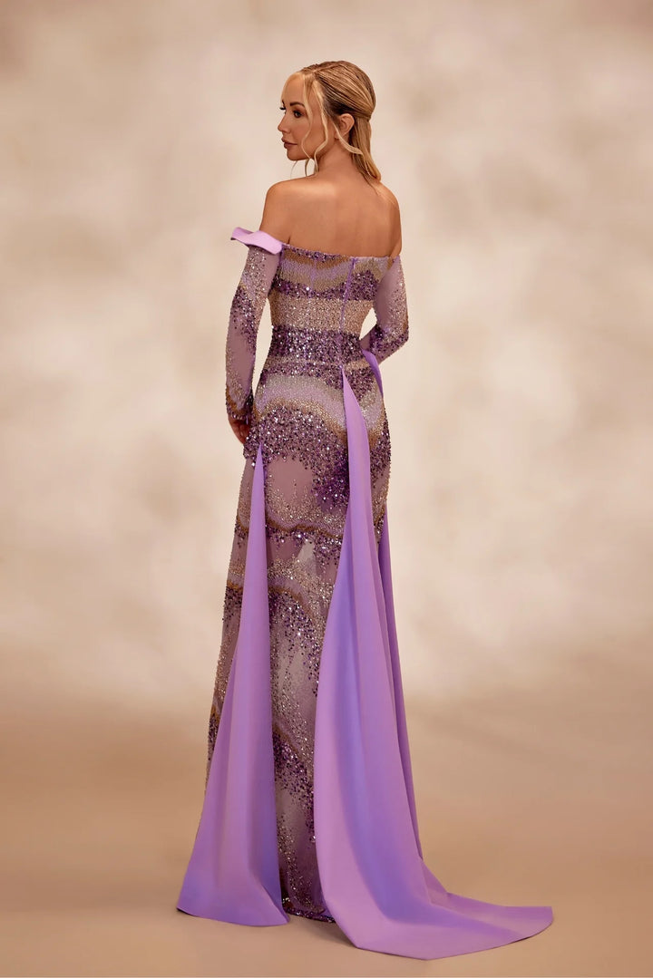 RTW22- Lavender full-beaded dress, off-the-shoulder long sleeve bodice - FOSTANI.com