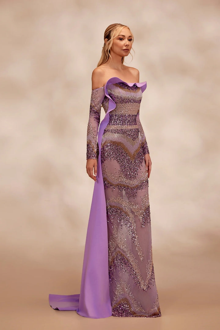 RTW22- Lavender full-beaded dress, off-the-shoulder long sleeve bodice - FOSTANI.com