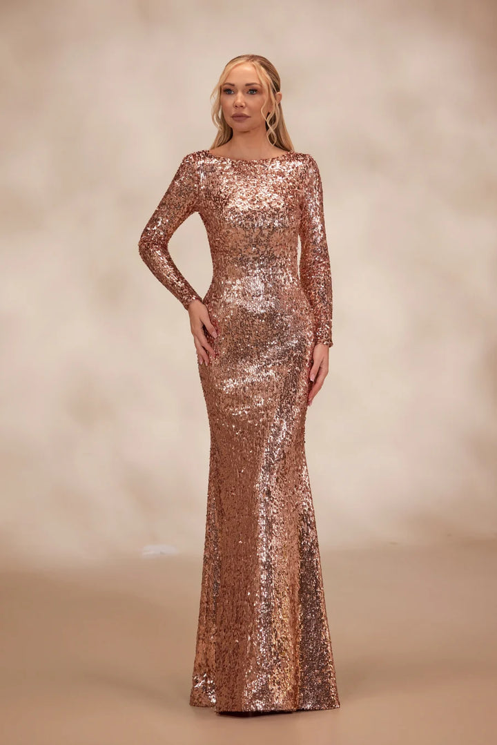 RTW7-Rose gold sequin dress with long fitted sleeves - FOSTANI.com