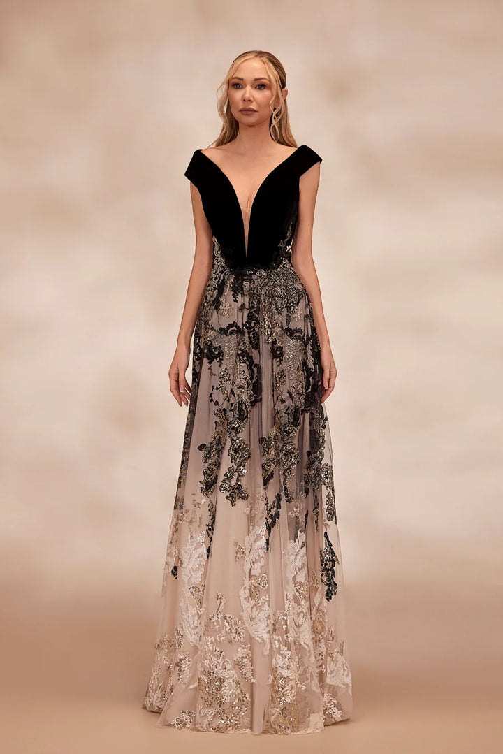 RTW8-Black and white dress featuring a velvet bodice with plunging V-neck and wide off-the-shoulder straps - FOSTANI.com
