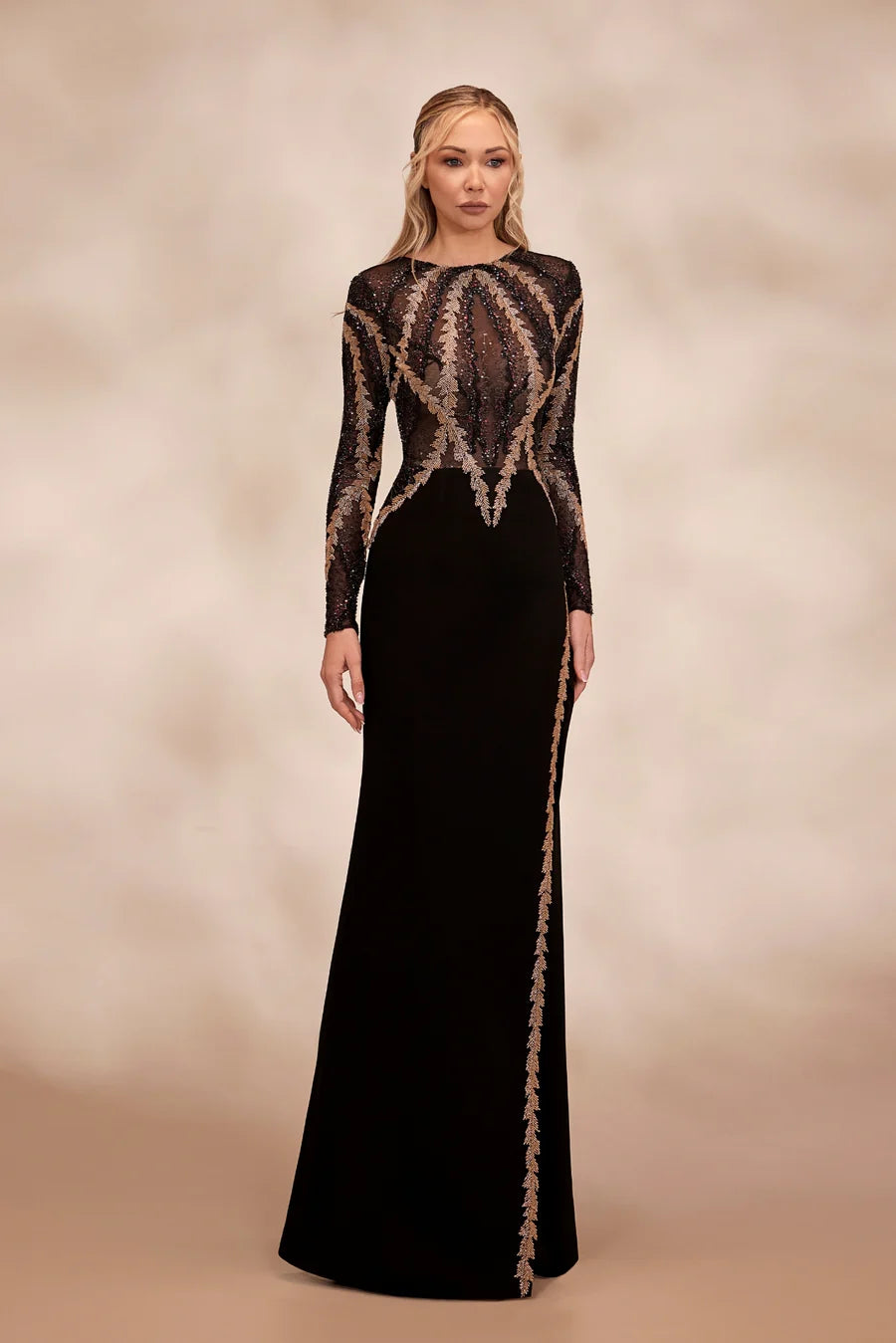 RTW9-Black dress featuring gold and black embroidered bodice - FOSTANI.com