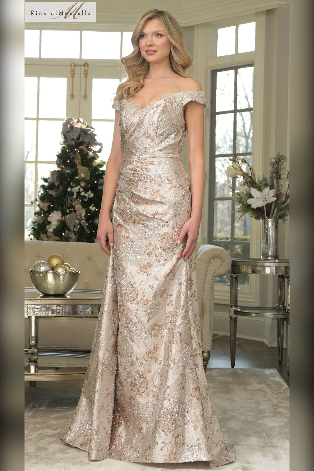 Rina Di Montella RD2912-1 off-the-shoulder mother of the bride gown three-quarter front view