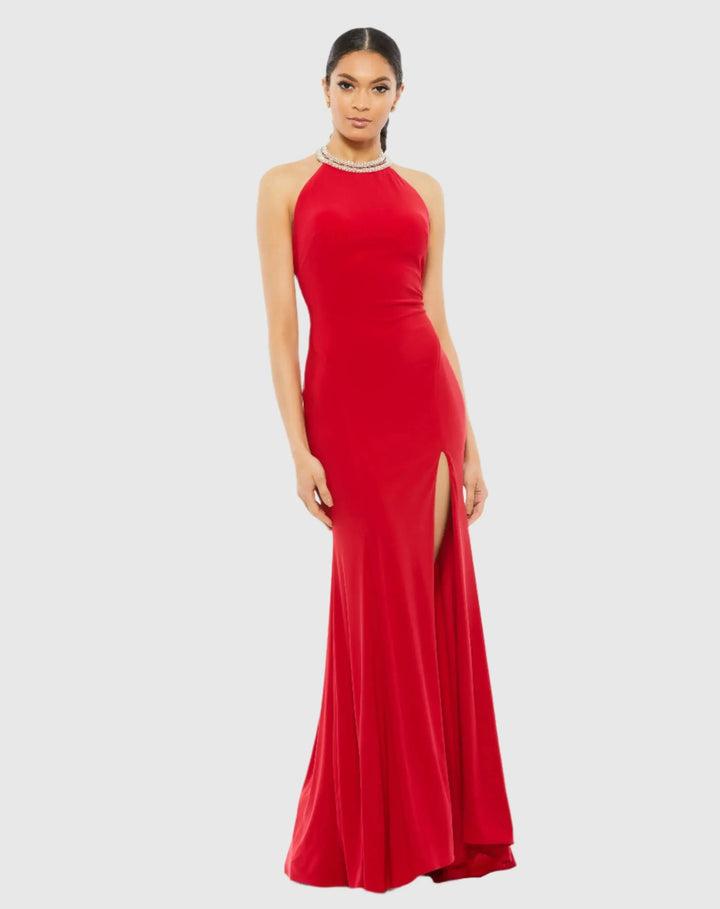 Mac Duggal 25572 Beaded Halter Jersey Gown