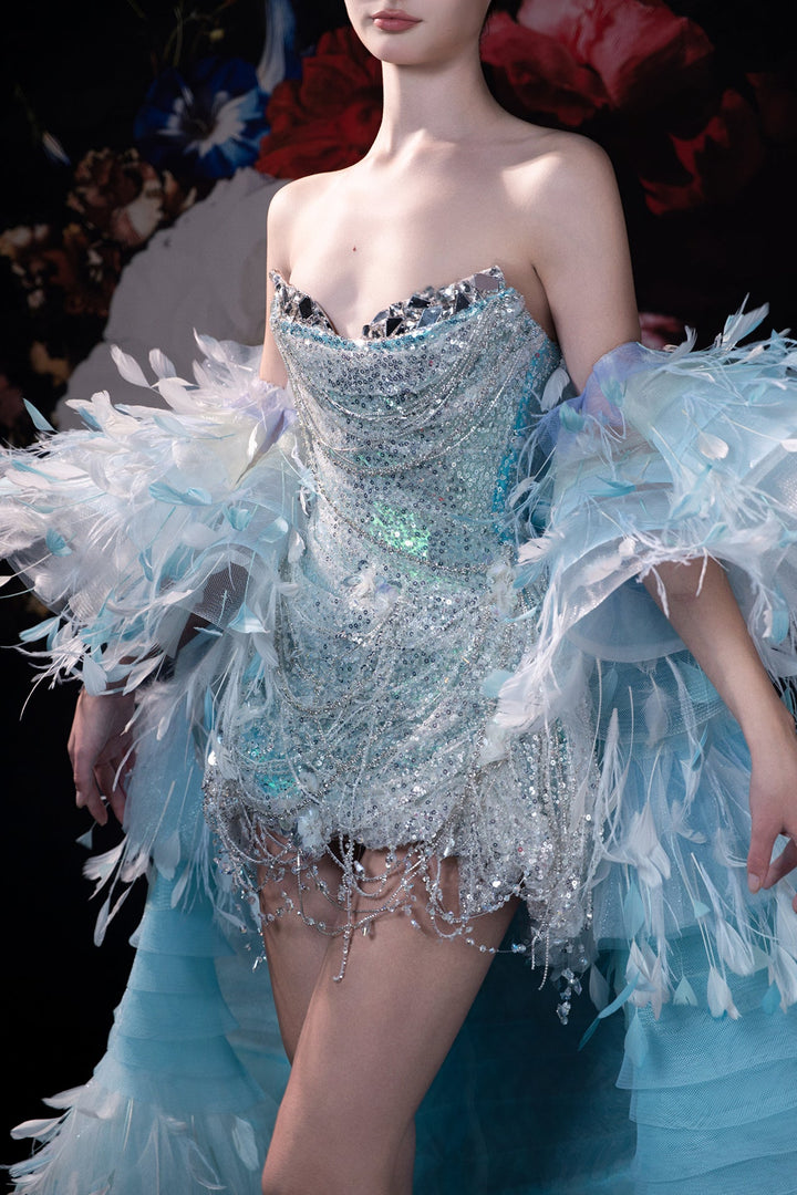 Sculpted Top with Feather Cape - FOSTANI.com