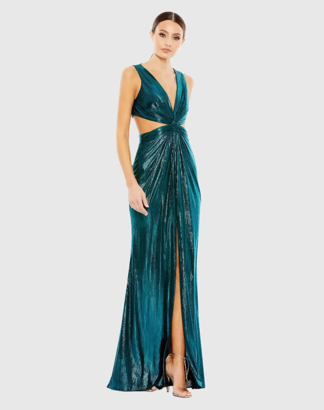 Mac Duggal 26733 Metallic Cut Out Gown with High Slit