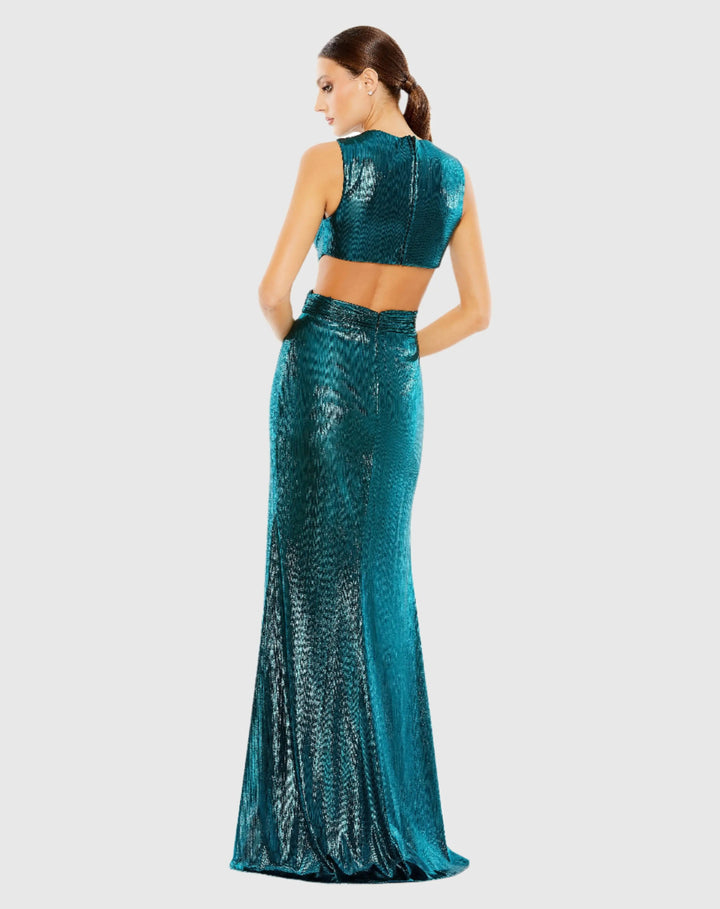 Mac Duggal 26733 Metallic Cut Out Gown with High Slit