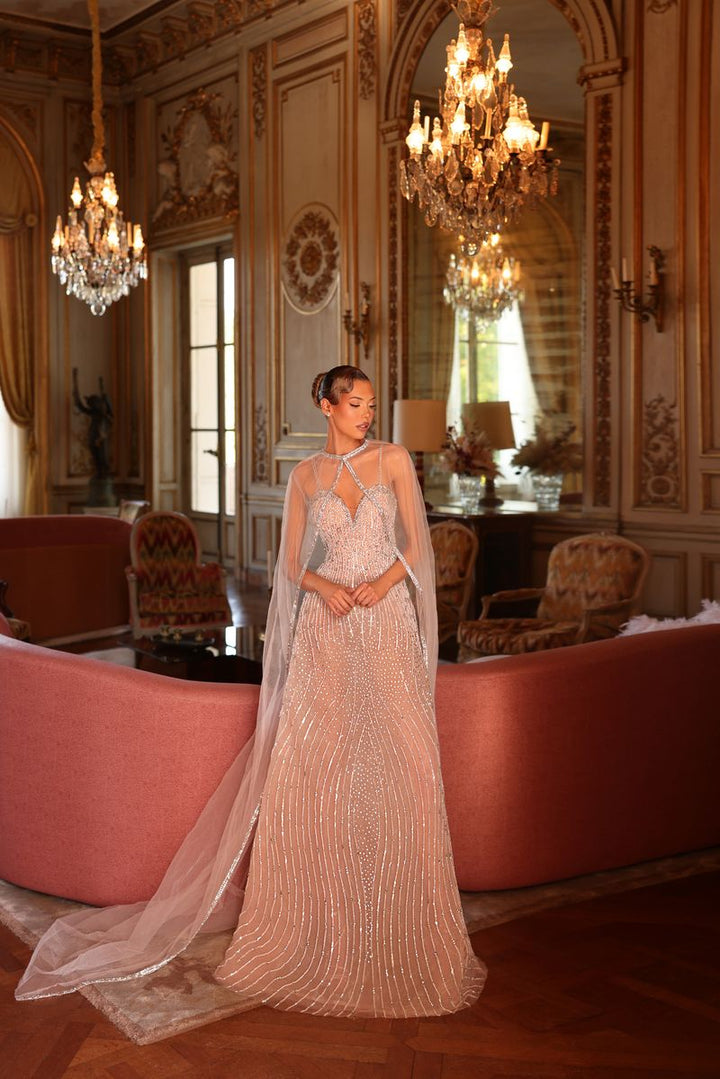 Chic & Holland HF110610 Sweetheart Keyhole Illusion Neckline Linear Beaded Matching Cape Couture Dress