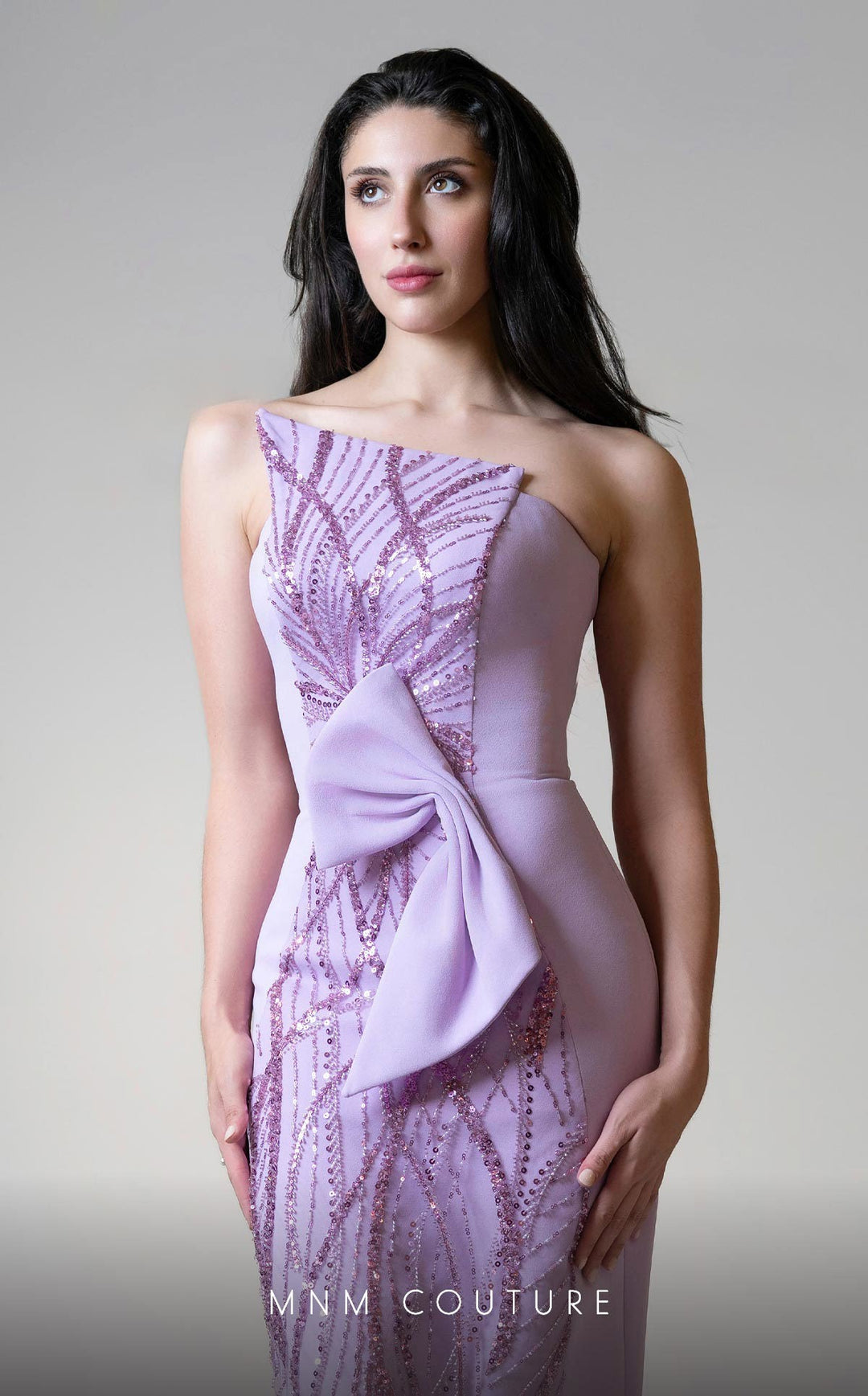 MNM Couture V07512 : Sleeveless Embroidered Center Column Gown with Waist Bow - FOSTANI.com