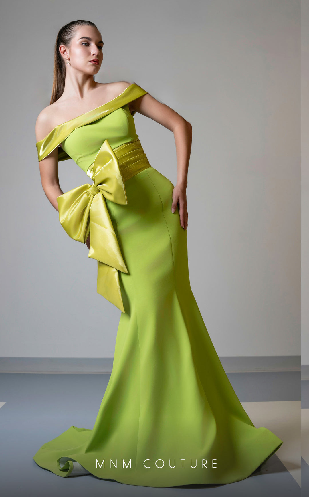 MNM Couture V07546 off-the-shoulder bow mermaid evening gown