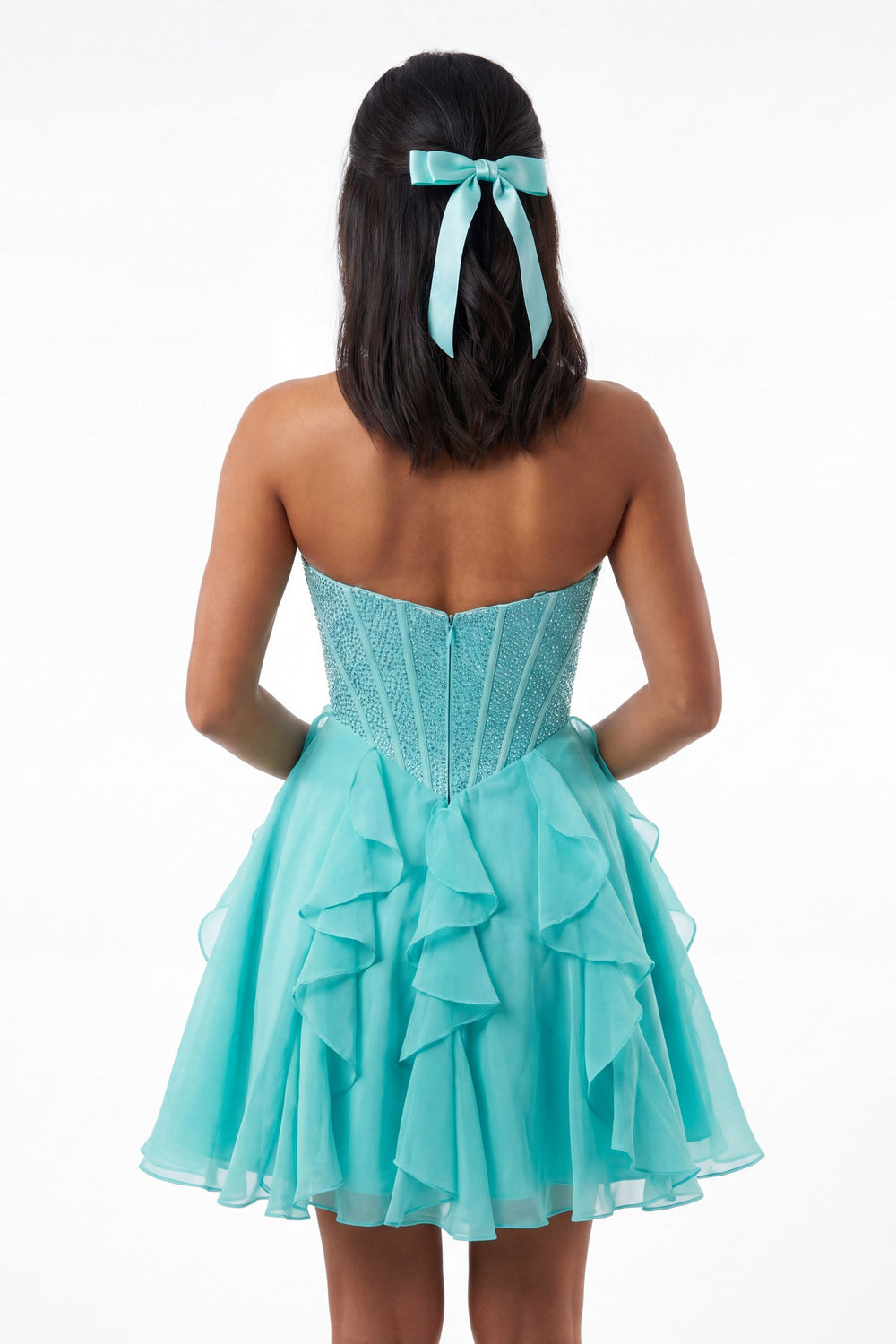 Portia & Scarlett XO217 corset cascading ruffle homecoming dress back view