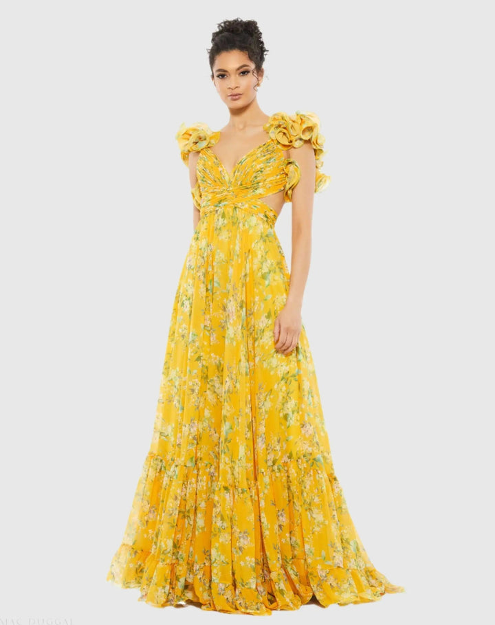 Mac Duggal 67803 Green Ruffle Tiered Floral Cut-Out Chiffon Gown