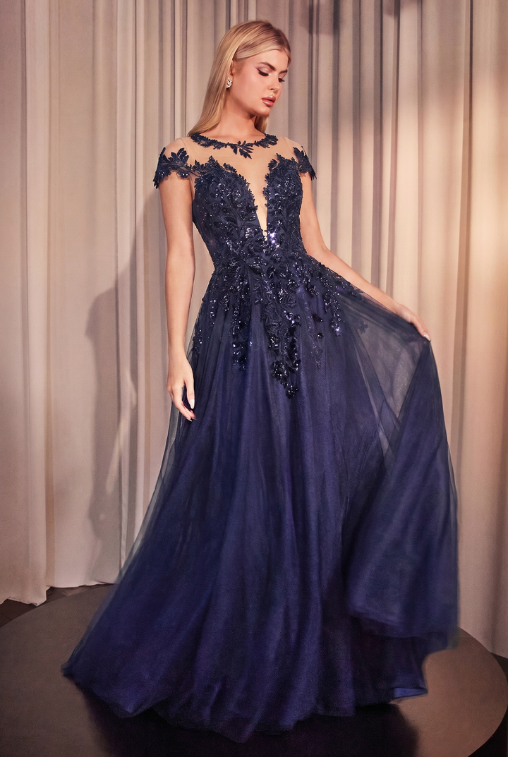 Andrea & Leo A1475 Couture Illusion Neck Cap Sleeve Embellished A-Line Ball Gown