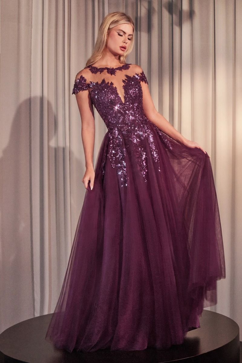 Andrea & Leo A1475 Couture Illusion Neck Cap Sleeve Embellished A-Line Ball Gown