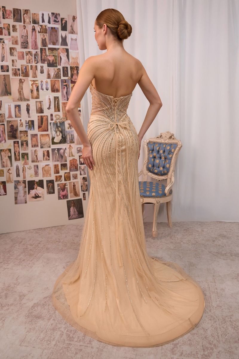 Andrea & Leo Couture A1519 mermaid gown, gold, back view with lace-up corset
