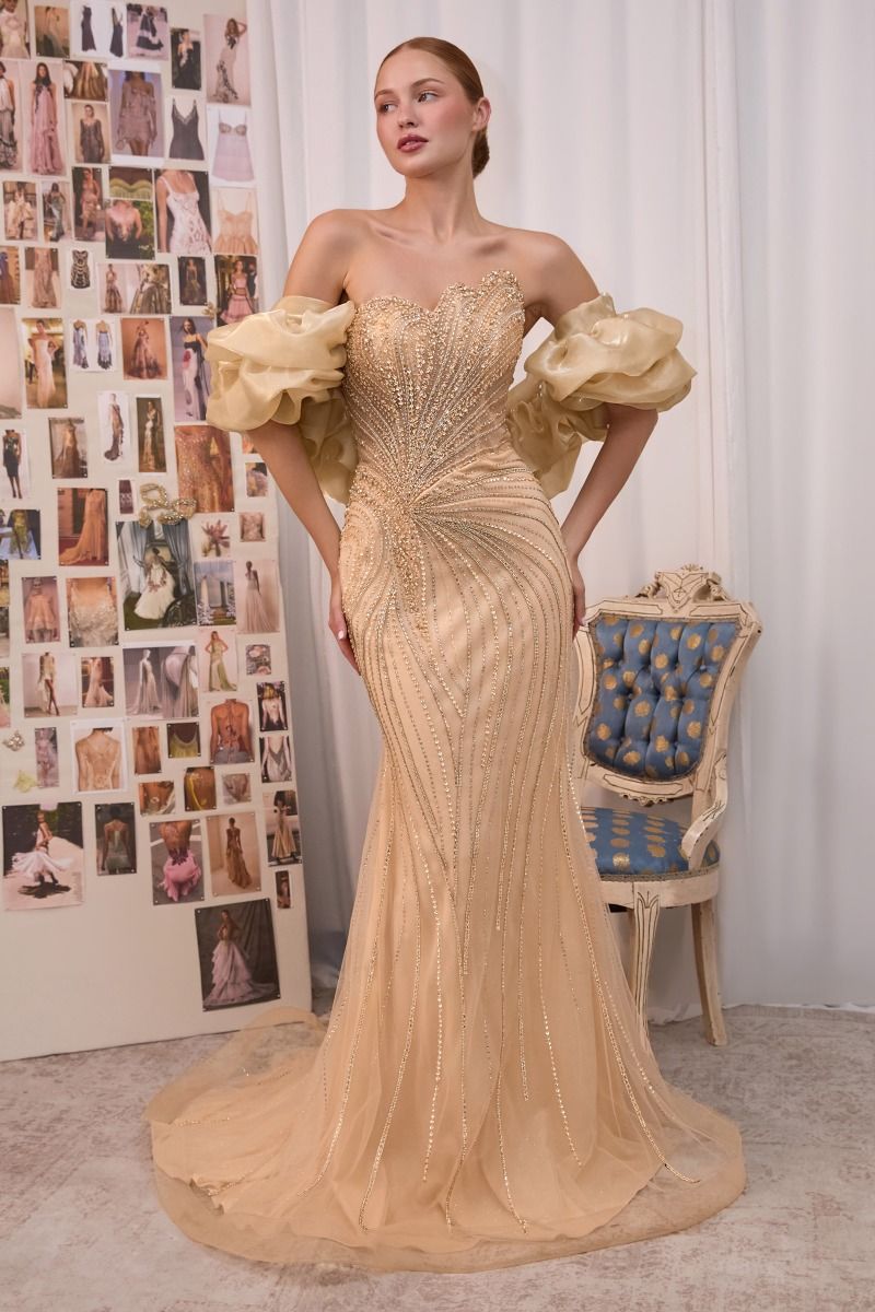 Andrea & Leo Couture A1519 strapless beaded corset mermaid gown, gold, front view