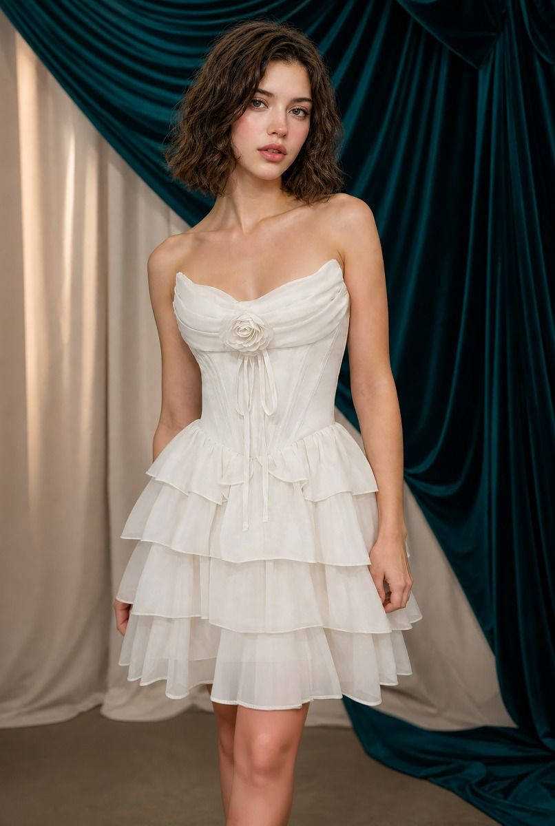 Andrea & Leo Couture A1521 Strapless Corset Tiered Ruffle Mini Dress with Rosette Detail