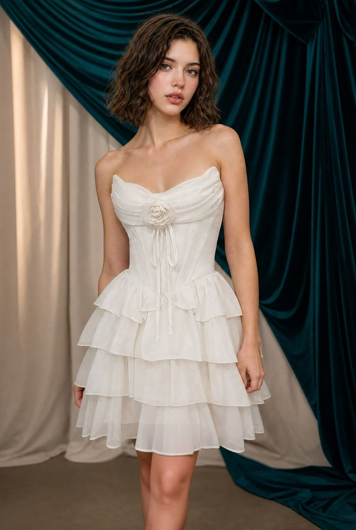 Andrea & Leo Couture A1521 Strapless Corset Tiered Ruffle Mini Dress with Rosette Detail