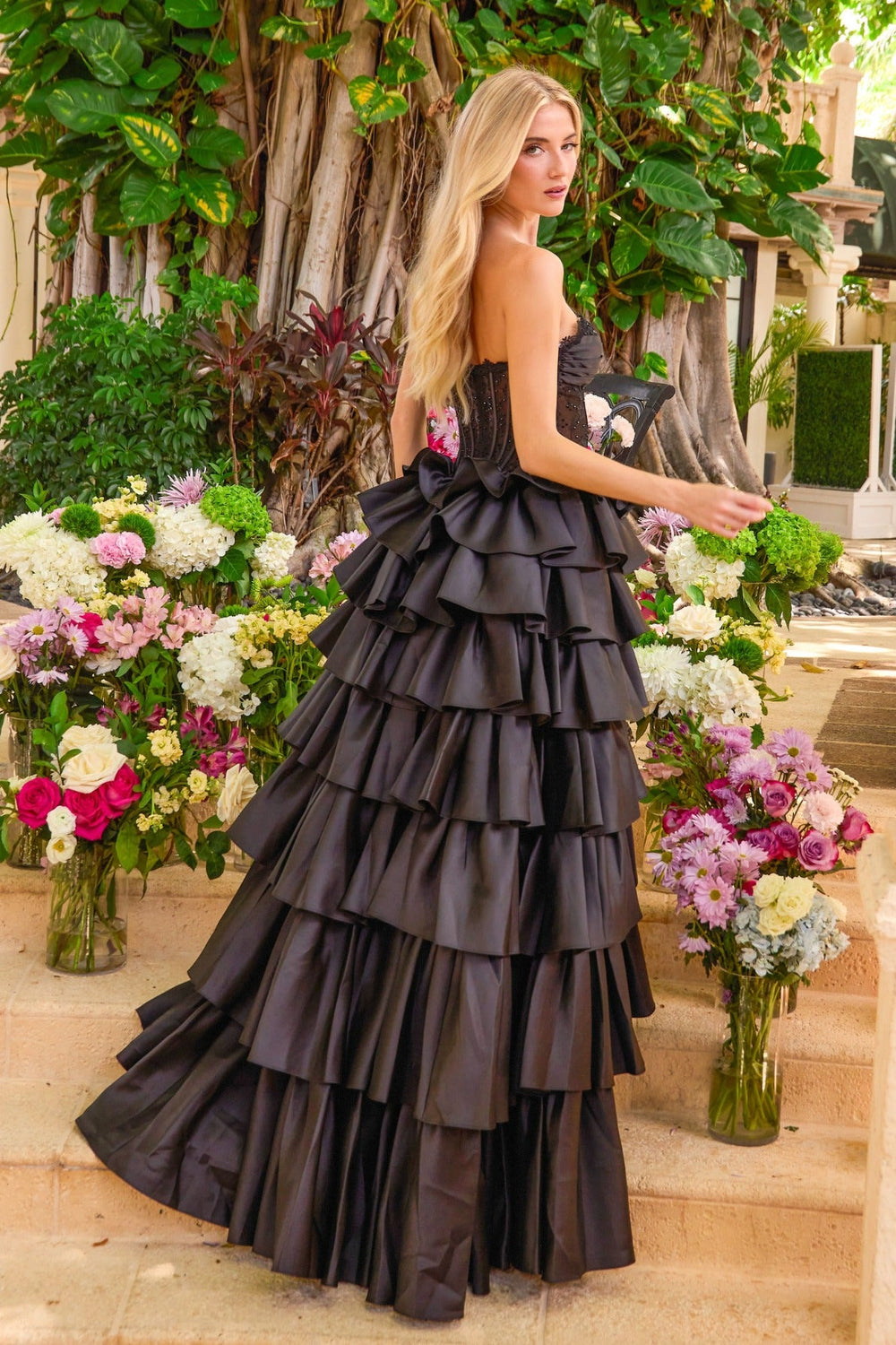 Ava Presley 47372 Strapless Lace Corset Tiered Ruffle Ball Gown Prom Dress with Slit back view