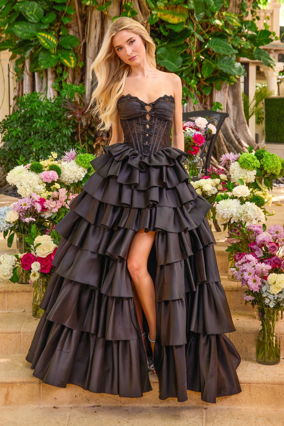 Ava Presley 47372 Strapless Lace Corset Tiered Ruffle Ball Gown Prom Dress with Slit front view