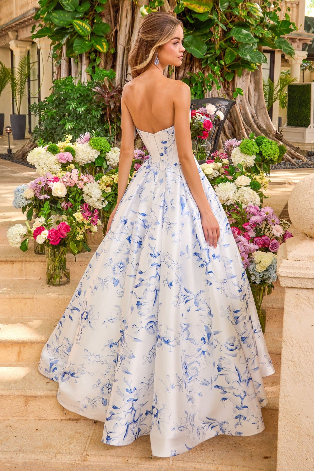 Ava Presley 47377 Strapless Bow Keyhole Corset Floral Print Ball Gown Prom Dress back view