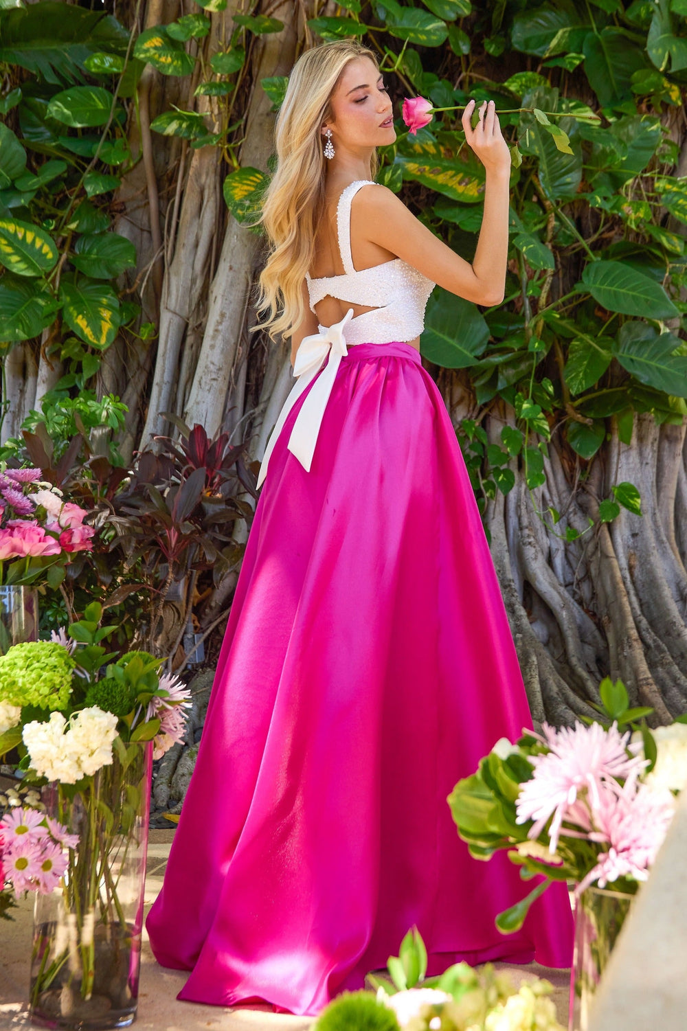 Ava Presley 47465 Two Piece Sweetheart Crop Top Satin Ball Gown Prom Dress with Back Bow back view