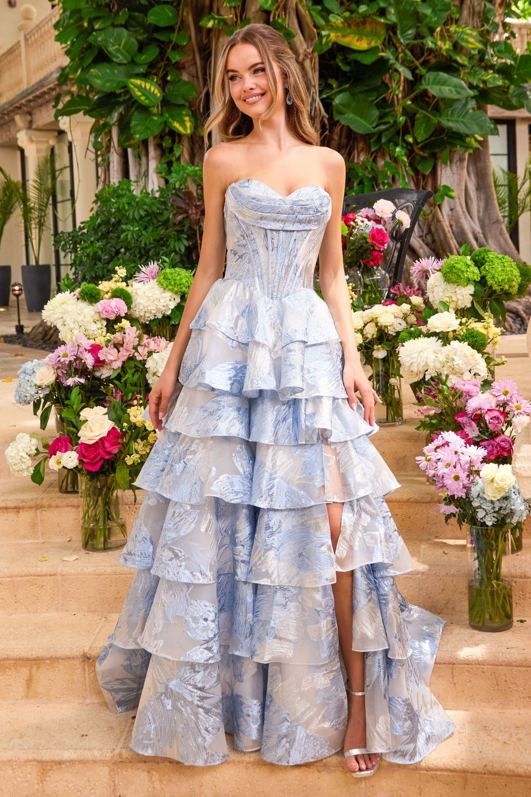 Ava Presley 47474 Strapless Sweetheart Corset Floral Jacquard Tiered Ruffle High-Low Prom Dress front view