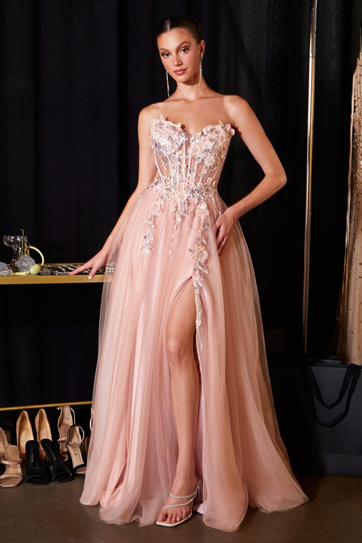 Ladivine CD2426 strapless A-line prom gown front view with high slit