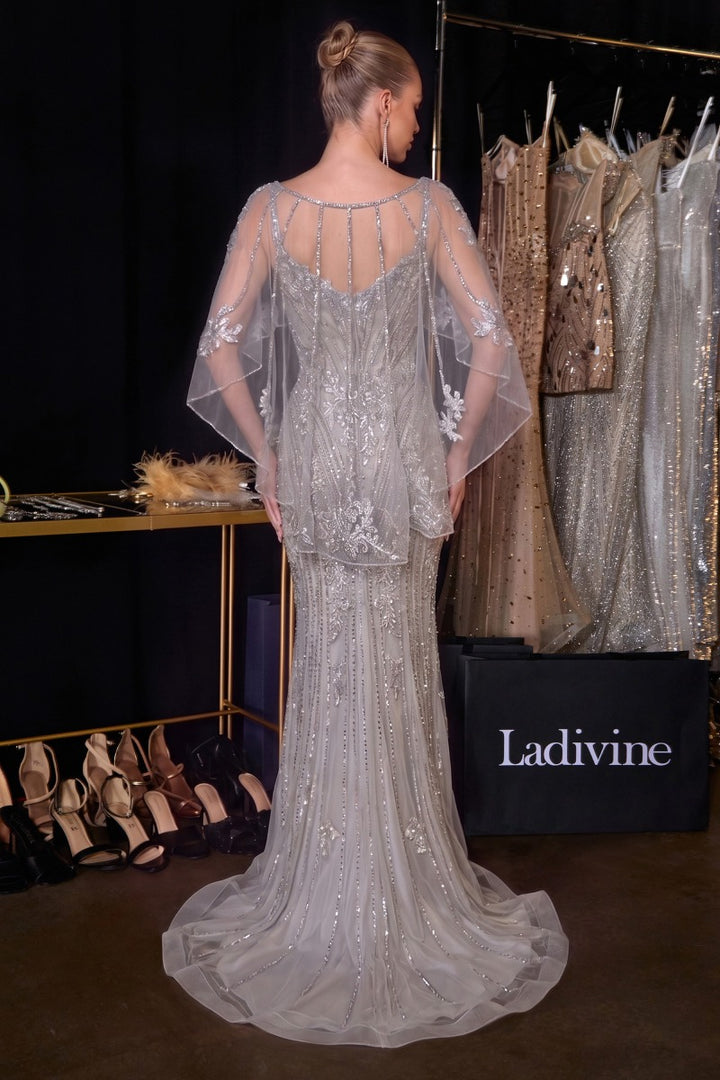 Ladivine CD637 beaded mermaid evening gown back view