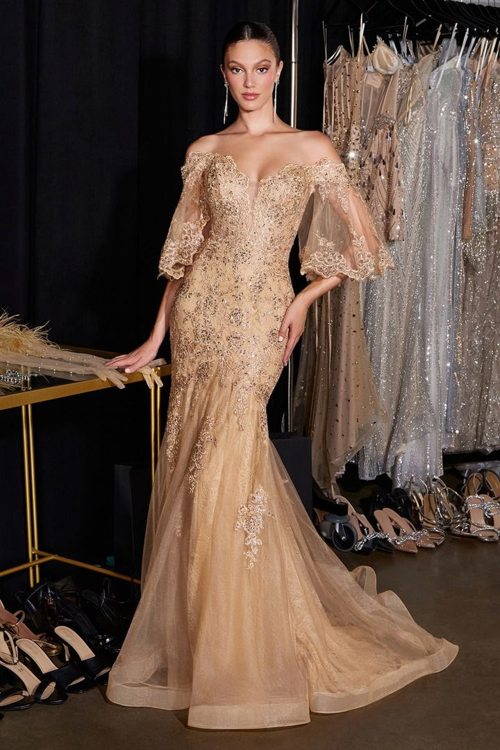 Ladivine CD659 Off-Shoulder Lace Mermaid Gown with Illusion Neckline and Bell Sleeves
