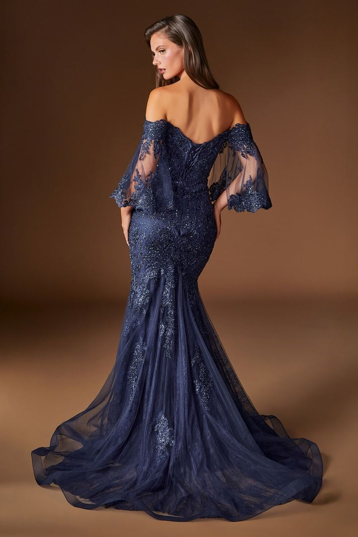 Ladivine CD659 Off-Shoulder Lace Mermaid Gown with Illusion Neckline and Bell Sleeves