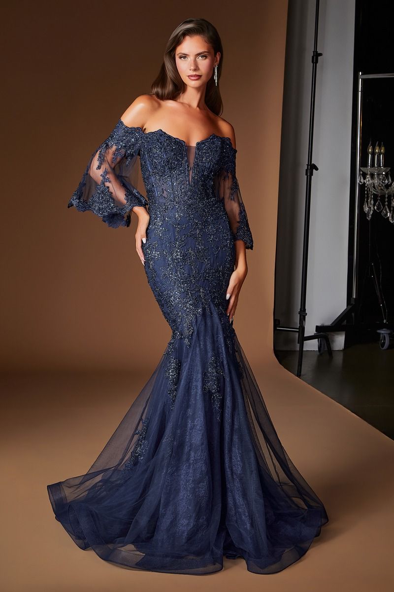 Ladivine CD659 Off-Shoulder Lace Mermaid Gown with Illusion Neckline and Bell Sleeves