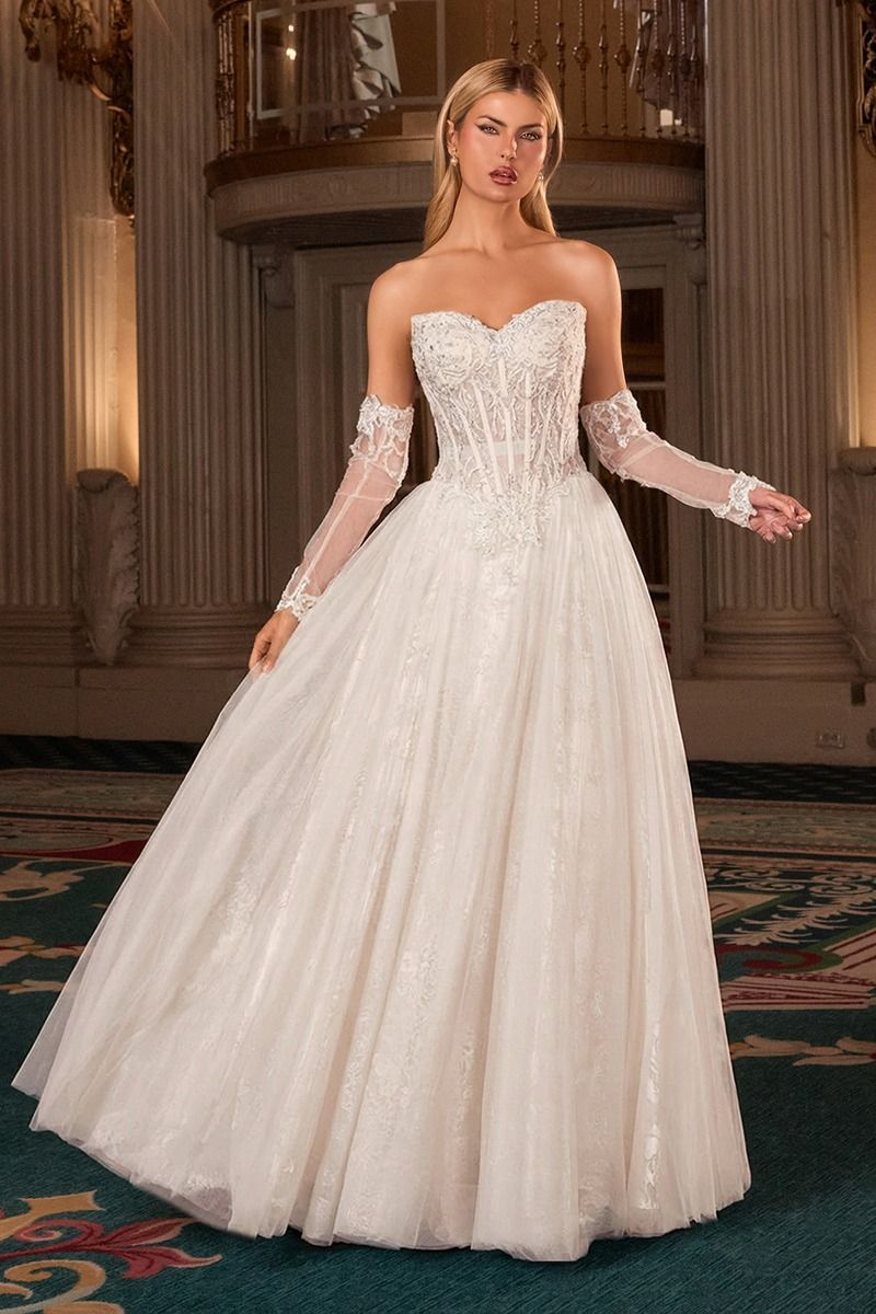 Ladivine CD717W Strapless Sweetheart Corset Ball Gown Dress with Detachable Illusion Sleeves