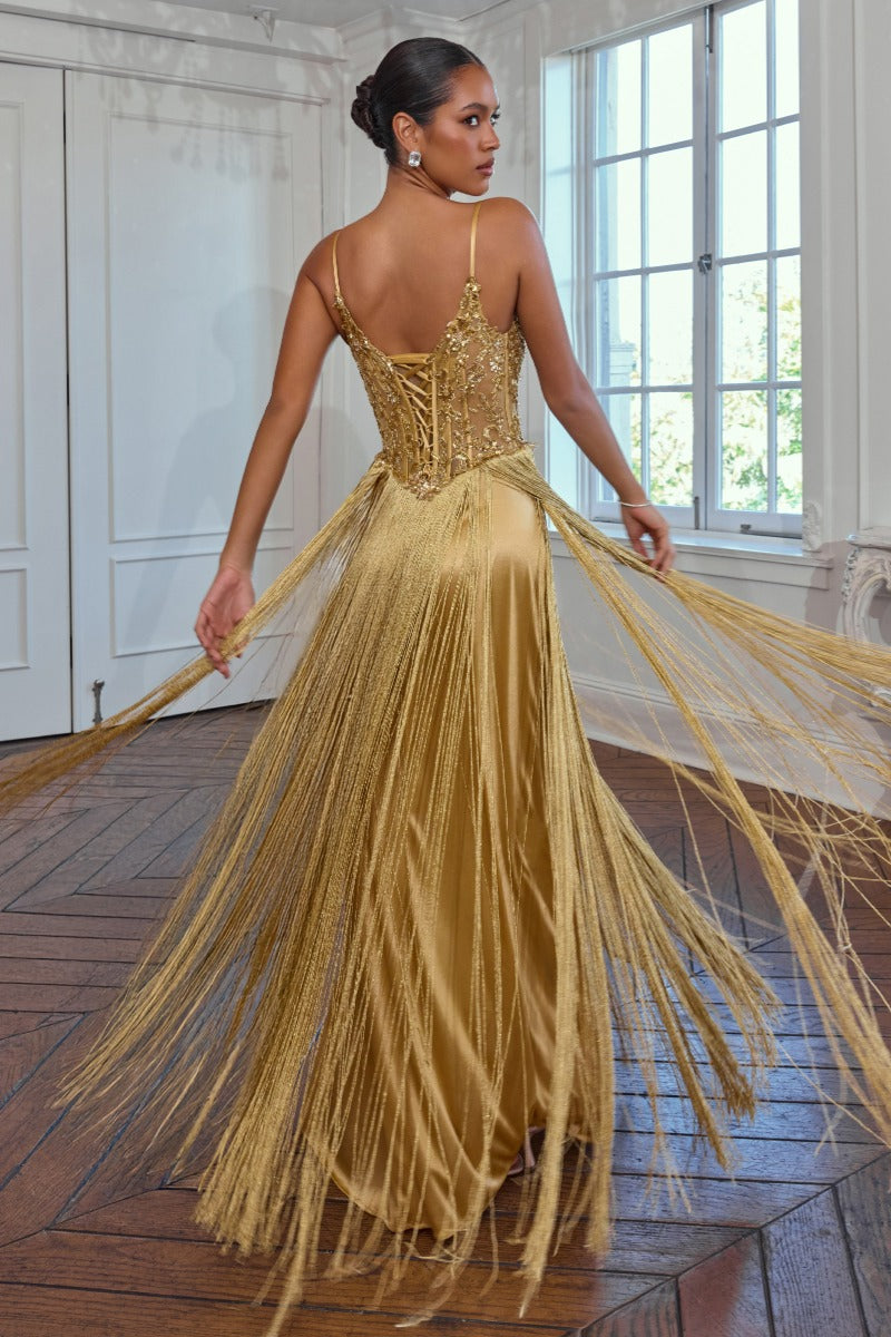 Ladivine CDS580 fringe prom dress lace-up back view
