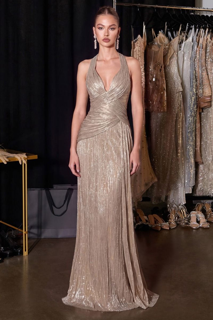 Ladivine CH2625 plunging halter ruched sheath evening dress, front view