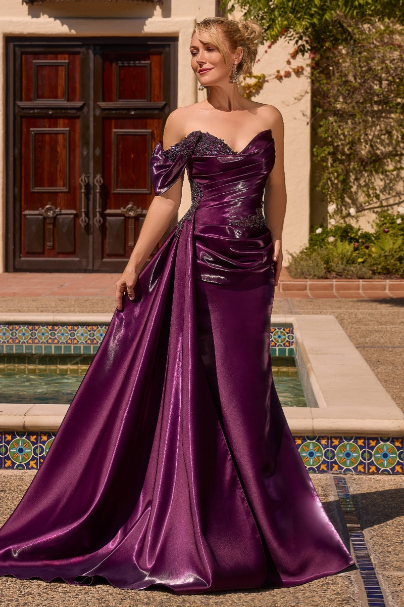 Ladivine J916 Eggplant off-shoulder corset evening gown