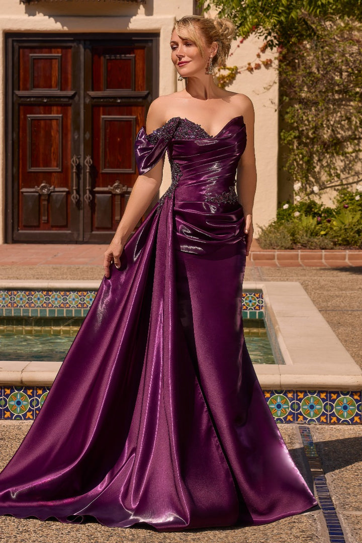Ladivine J916 Eggplant off-shoulder corset evening gown