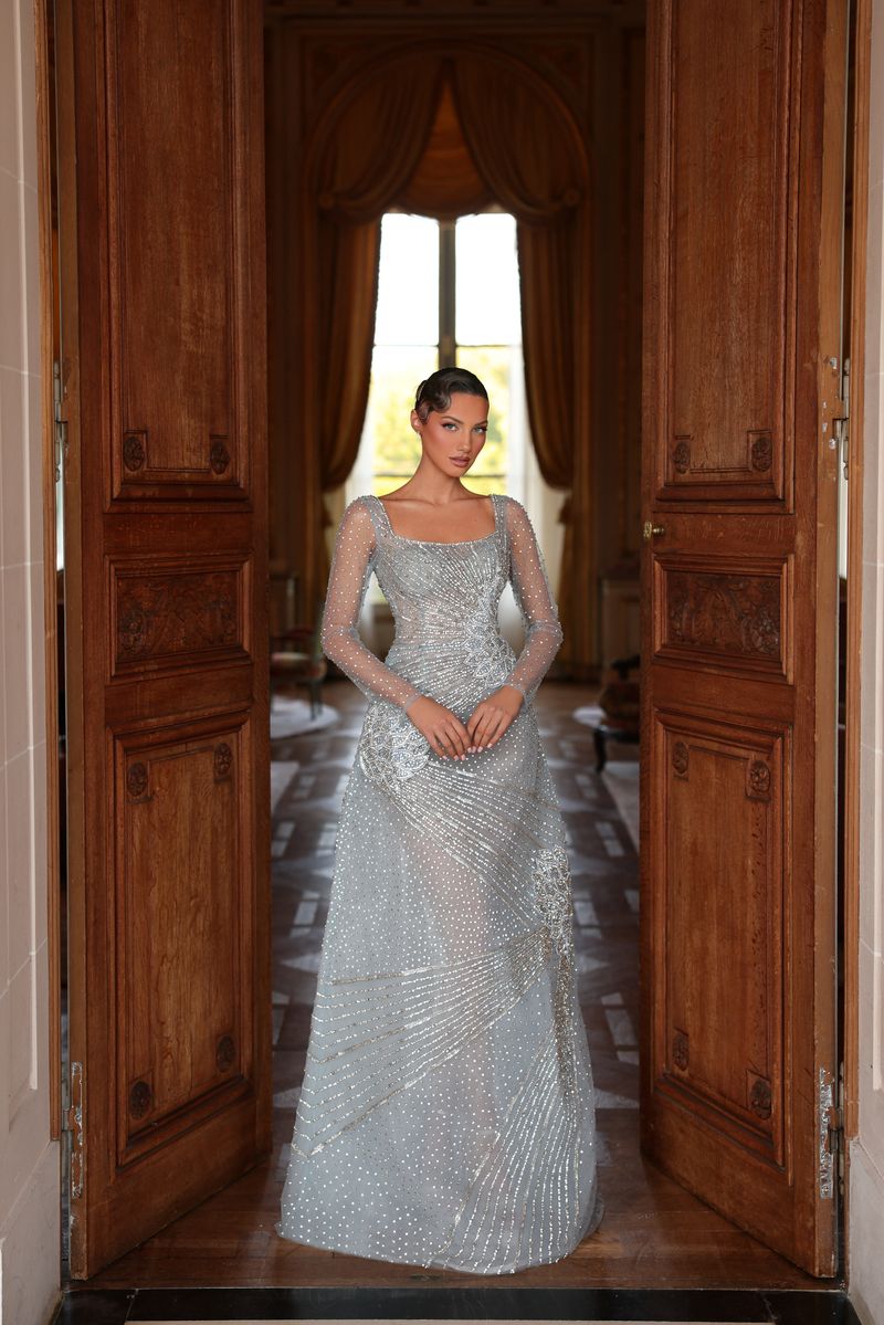 Chic & Holland HF110602 Square Neckline Long Sleeves Fully Beaded Geometric Pattern Couture Dress