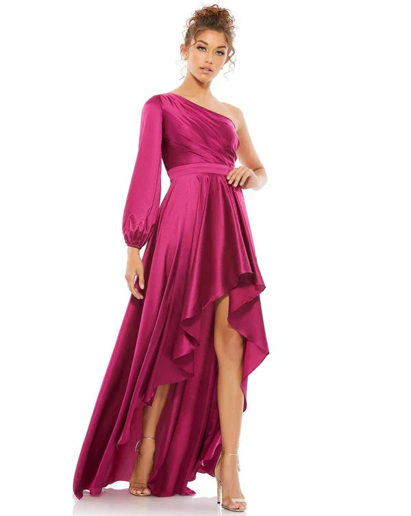 Mac Duggal 49141 Long Sleeve One Shoulder Satin High Low A-line Gown
