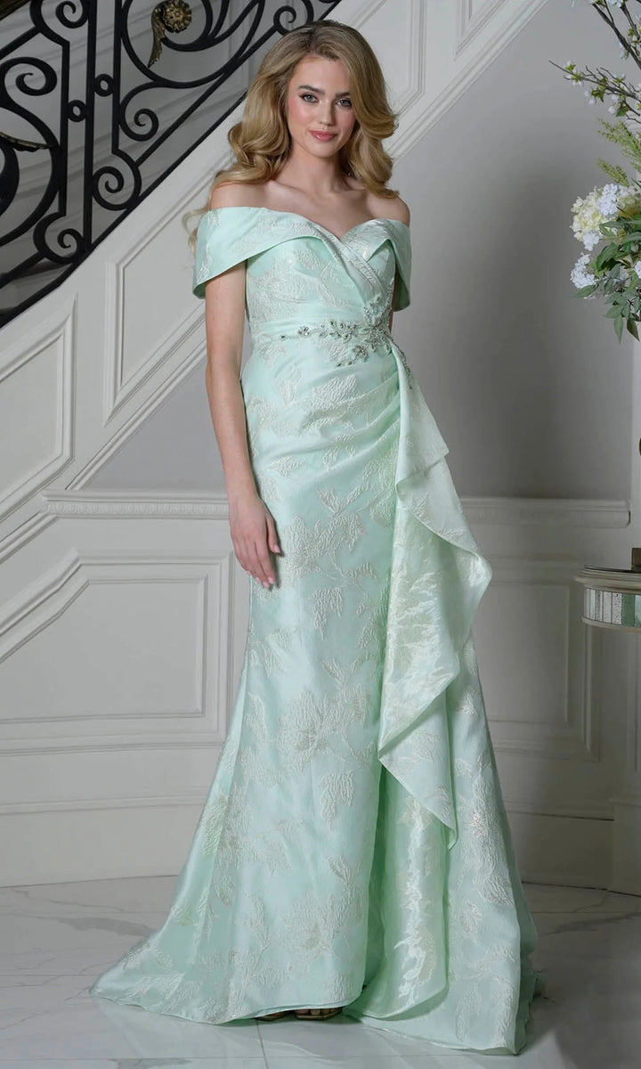 Marsoni by Colors MV1401 Off-the-Shoulder Beaded Sheath Mother of the Bride Dress with Cascading Drape