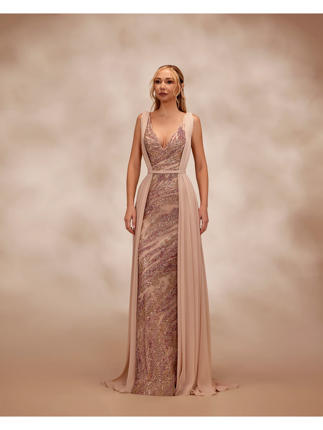 RTW26- Nude dress with a plunging V-neckline with multicolor beading - FOSTANI.com
