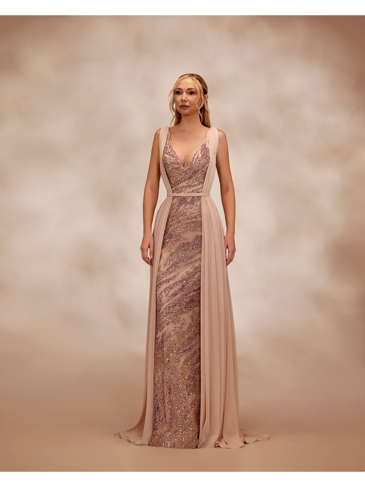 RTW26- Nude dress with a plunging V-neckline with multicolor beading - FOSTANI.com
